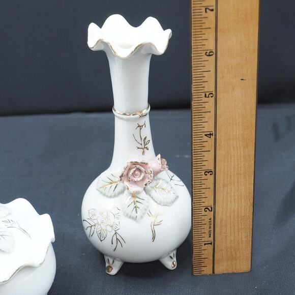 Thames White Porcelain with Pink Flowers 3 piece Set Vanity Top Trinkets - Picture 6 of 7